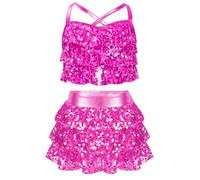 FEESHOW Girls 2 Piece Sequin Ballet Latin Jazz Dance Costume Metallic Cross Back Cami Crop Top with Ruffle Tiered Skirt Hot Pink 11-12 Years