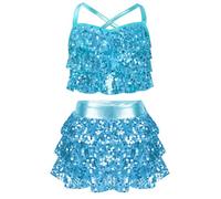 FEESHOW Girls 2 Piece Sequin Ballet Latin Jazz Dance Costume Metallic Cross Back Cami Crop Top with Ruffle Tiered Skirt Light Blue 9-10 Years
