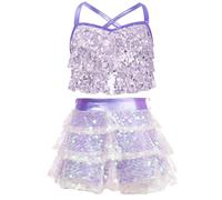 FEESHOW Girls 2 Piece Sequin Ballet Latin Jazz Dance Costume Metallic Cross Back Cami Crop Top with Ruffle Tiered Skirt Light Purple 5-6 Years
