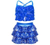 FEESHOW Girls 2 Piece Sequin Ballet Latin Jazz Dance Costume Metallic Cross Back Cami Crop Top with Ruffle Tiered Skirt Blue 9-10 Years