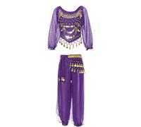 FEESHOW Girls Arabian Princess Costume Sequin Crop Tops Harem Pants with Hip Scarf Kids Shiny Belly Dance Outfit Purple 3-5 Years