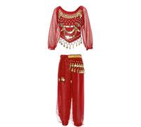 FEESHOW Girls Arabian Princess Costume Sequin Crop Tops Harem Pants with Hip Scarf Kids Shiny Belly Dance Outfit Red 9-12 Years