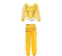 FEESHOW Girls Arabian Princess Costume Sequin Crop Tops Harem Pants with Hip Scarf Kids Shiny Belly Dance Outfit Yellow 3-5 Years