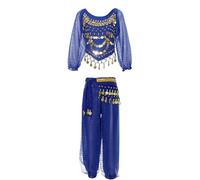 FEESHOW Girls Arabian Princess Costume Sequin Crop Tops Harem Pants with Hip Scarf Kids Shiny Belly Dance Outfit Royal Blue 7-9 Years