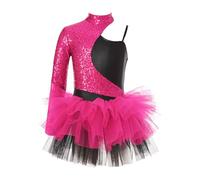 FEESHOW Girls' Ballet Tutu Dress Glitter Sequins Dance Leotard for Ballerina Outfit Gymnastics Bodysuit Dancewear Hot Pink 13-14 Years