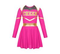 FEESHOW Girls Cheer Leader Shiny Dance Costume Cheerleading Uniform Cosplay Party Fancy Dress Up Musical Outfits with Pompoms Hot Pink B 9-10 Years