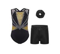 FEESHOW Girls Gymnastics Leotard with Shorts Sleeveless Dance Biketard Tumbling Unitard Practice Activewear Black Gold 9-10 Years