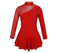 FEESHOW Girls Long Sleeve Mesh Figure Ice Skating Leotard Dress Hole Back Gymnastics Leotard Ballet Dance Dress Activewear Red 8 Years
