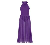 FEESHOW Girls Mock-Neck Lyrical Ballet Dance Gymnastics Leotard Long Mesh Overlay Skirt for Praise Lyrical Dance Dress Purple 15-16 Years