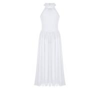 FEESHOW Girls Mock-Neck Lyrical Ballet Dance Gymnastics Leotard Long Mesh Overlay Skirt for Praise Lyrical Dance Dress White 13-14 Years