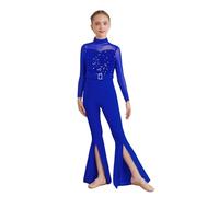 FEESHOW Girls Sequin Full Body Unitard Split Bell Bottom Pants Belted Jumpsuit Gymnastics Leotard Jazz Dance Catsuit Blue 13-14 Years