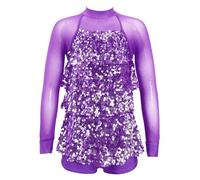 FEESHOW Girls Sequin Tassel Ballet Latin Dance Dress Backless Fringe Leotard Jazz Salsa Rumba Chacha Dance Costume Purple 13-14 Years