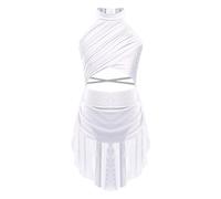 FEESHOW Girls Shiny Ballet Dress for Jazz Latin Lyrical Dance Costume Backless Gymnastics Leotard with Flowy Skirt Dancewear White A 15-16 Years