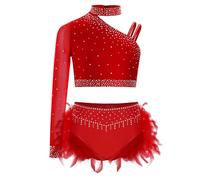 FEESHOW Girls Shiny Crop Top and Feather Briefs Skirt 2 Piece Jazz Latin Lyrical Ballet Gymnastics Dance Outfit Red 9-10 Years