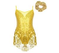 FEESHOW Girls Sparkly Sequins Dance Dress for Jazz Latin Modern Salsa Rumba Ballroom Dance Performance Costume Gold 12