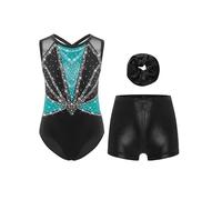 FEESHOW Gymnastics Leotard for Girls Sleeveless Crisscross Back Sparkle Bodysuit with Metallic Shorts Hairband Green&Black 11-12 Years