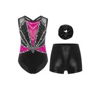 FEESHOW Gymnastics Leotard for Girls Sleeveless Crisscross Back Sparkle Bodysuit with Metallic Shorts Hairband Hot Pink&Black 7-8 Years