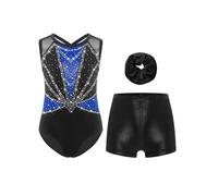 FEESHOW Gymnastics Leotard for Girls Sleeveless Crisscross Back Sparkle Bodysuit with Metallic Shorts Hairband Blue&Black 13-14 Years