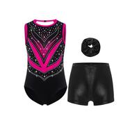 FEESHOW Gymnastics Leotard for Girls with Shorts Hairband Sleeveless Sparkle Bodysuit Dance Biketard Ballet Dancewear Hot Pink 13-14 Years