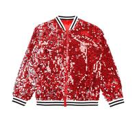 FEESHOW Kids Girls Boys Sequin Jacket Long Sleeve Sparkly Bomber Tops Hip Hop Disco Party Outfits 6-16Years Red A 9-10 Years