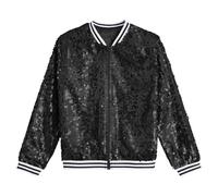 FEESHOW Kids Girls Boys Sequin Jacket Long Sleeve Sparkly Bomber Tops Hip Hop Disco Party Outfits 6-16Years Black 11-12 Years