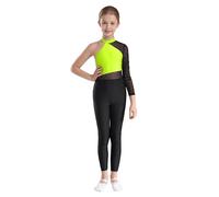 FEESHOW Kids Girls Long Sleeve Spandex Leotard Unitard Catsuit Full Length Bodysuit Jumpsuit Dance wear Costume Fluorescent Yellow 11-12 Years
