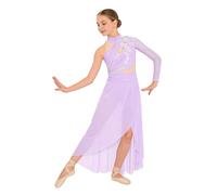 FEESHOW Kids Girls Lyrical Dance Costume Applique Ruched Ballet Leotard High Low Modern Contemporary Dance Dress Lavender 15-16 Years