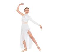 FEESHOW Kids Girls Lyrical Dance Costume Applique Ruched Ballet Leotard High Low Modern Contemporary Dance Dress Ivory 11-12 Years