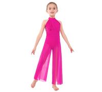FEESHOW Kids Girls Sequin Lyrical Dance Dress Sheer Mesh Wide Leg Pants Jumpsuit Modern Contemporary Dancewear Hot Pink 7-8 Years