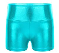 FEESHOW Kids Girls Shiny Metallic Gymnastic Dance Booty Shorts Sports Workout Bottoms Hip Hop Jazz Dance Costume Activewear Blue Green 3-4 Years