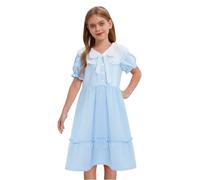 FEESHOW Kids Girls Short Puff Sleeve Lace Button Front Dress Summer Casual Swing A Line Belted Ruffle Sundress Blue 15-16 Years