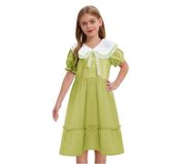 FEESHOW Kids Girls Short Puff Sleeve Lace Button Front Dress Summer Casual Swing A Line Belted Ruffle Sundress Green 7-8 Years