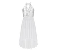 FEESHOW Kids Girls Sleeveless Mesh Lyrical Praise Dance Dress Hollow Back Contemporary Dance Performance Costume Dancewear White 9-10 Years