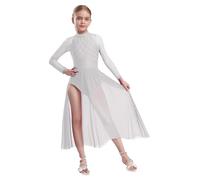 FEESHOW Kids Girls Sparkle Lyrical Dance Dress Maxi Skirted Leotard Long Sleeve Modern Contemporary Dance Dress White 11-12 Years