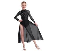 FEESHOW Kids Girls Sparkle Lyrical Dance Dress Maxi Skirted Leotard Long Sleeve Modern Contemporary Dance Dress Black 11-12 Years