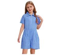FEESHOW Kids Girls Summer School Gingham Dress Short Sleeve Zip Up Playsuit Check Uniform Jumpsuit with Pockets Blue 11-12 Years