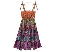 FEESHOW Kids Girls Summer Sleeveless Straps Bohemian Beach Sundress Flower Print Vacation Beach Swing Sundress with Necklace Orange 5-6 Years