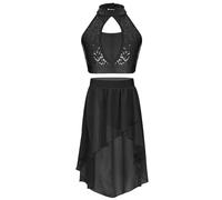 FEESHOW Kids Girls Two Piece Lyrical Gymnastics Dance Outfit Sleeveless Sequin Crop Top with High Low Chiffon Skirt Black 9-10 Years