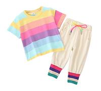 FEESHOW Little Children Girls Fashion Stripe Short Sleeve T-Shirt with Drawstring Cropped Jogger Pants Summer Outfits Colorful 7-8 Years