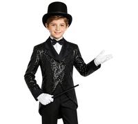 FEESHOW Magician Tailcoat Jacket for Kids Boy's Tuxedo Slim Fit Sequin Blazer And Gloves Hat Wand Set Black 9-10 Years