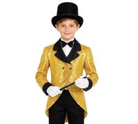 FEESHOW Magician Tailcoat Jacket for Kids Boy's Tuxedo Slim Fit Sequin Blazer And Gloves Hat Wand Set Gold 5-6 Years