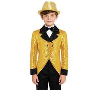 FEESHOW Magician Tailcoat Jacket for Kids Boy's Tuxedo Slim Fit Sequin Blazer And Gloves Hat Wand Set Z Gold 15-16 Years