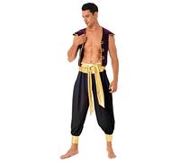 FEESHOW Men Arabian Prince Lamp Costume Halloween Adult Persian Role Play Outfit Vest with Harem Pants Black XL
