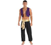 FEESHOW Men Arabian Prince Lamp Costume Halloween Adult Persian Role Play Outfit Vest with Harem Pants Black B M
