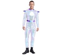 FEESHOW Mens Alien Space Robot Galaxy Warrior Astronaut Cosplay Costume Shiny Metallic Halloween Jumpsuit Shiny Silver X-Large