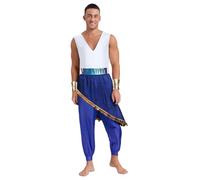 FEESHOW Men's Arabian Prince Costume Fairy Tale Suits Halloween Cosplay Party Stage Performance Jumpsuits Blue M