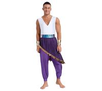 FEESHOW Men's Arabian Prince Costume Fairy Tale Suits Halloween Cosplay Party Stage Performance Jumpsuits Purple M