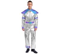 FEESHOW Mens Astronaut Costume Adult Halloween Alien Jumpsuit Space Suit Explorer Flight Suit Cosplay Costumes Silver M