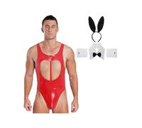 FEESHOW Mens Rabbit Man Cosplay Costume Tuxedo Sexy Lingerie Set Role Play Uniform Nightclub Outfit Red XL