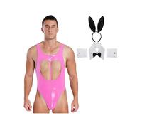 FEESHOW Mens Rabbit Man Cosplay Costume Tuxedo Sexy Lingerie Set Role Play Uniform Nightclub Outfit Pink L